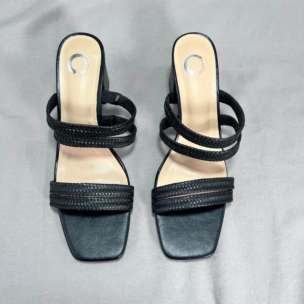 Journee Collection Natia Black Sandals Block Heel Braided Straps Slip On Size 11
